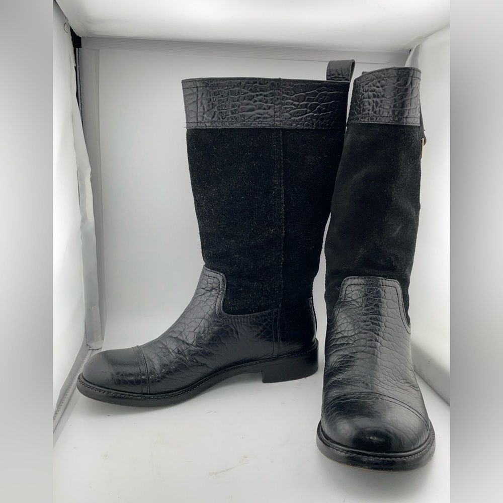 Tory Burch Corey Mid Calf Flat Leather Embossed Black  Suede Boots Size 7M​​​​​​ - Picture 11 of 13